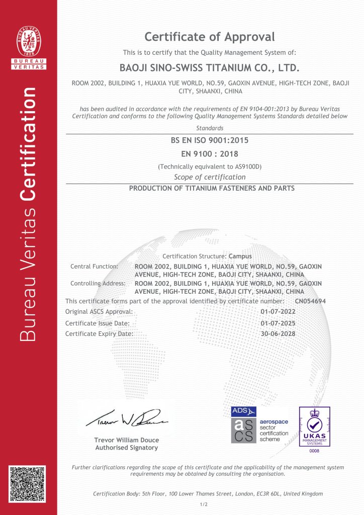 Bureau Veritas AS9100 / ISO 9001 certificate, page 1