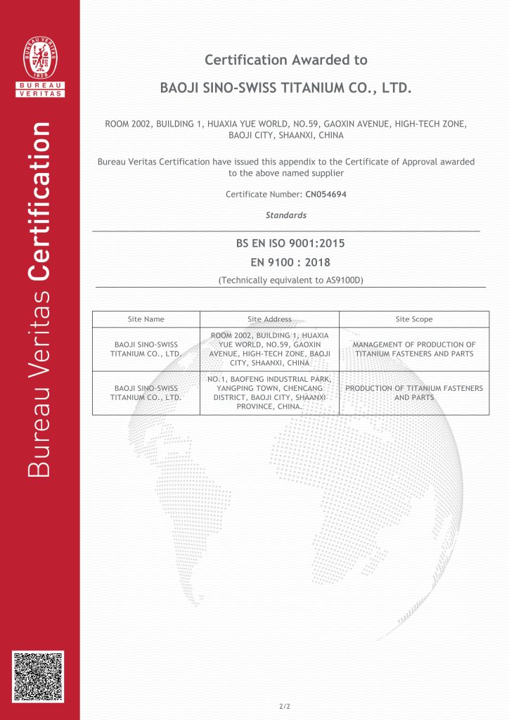 Bureau Veritas AS9100 / ISO 9001 certificate, page 2 — site scope