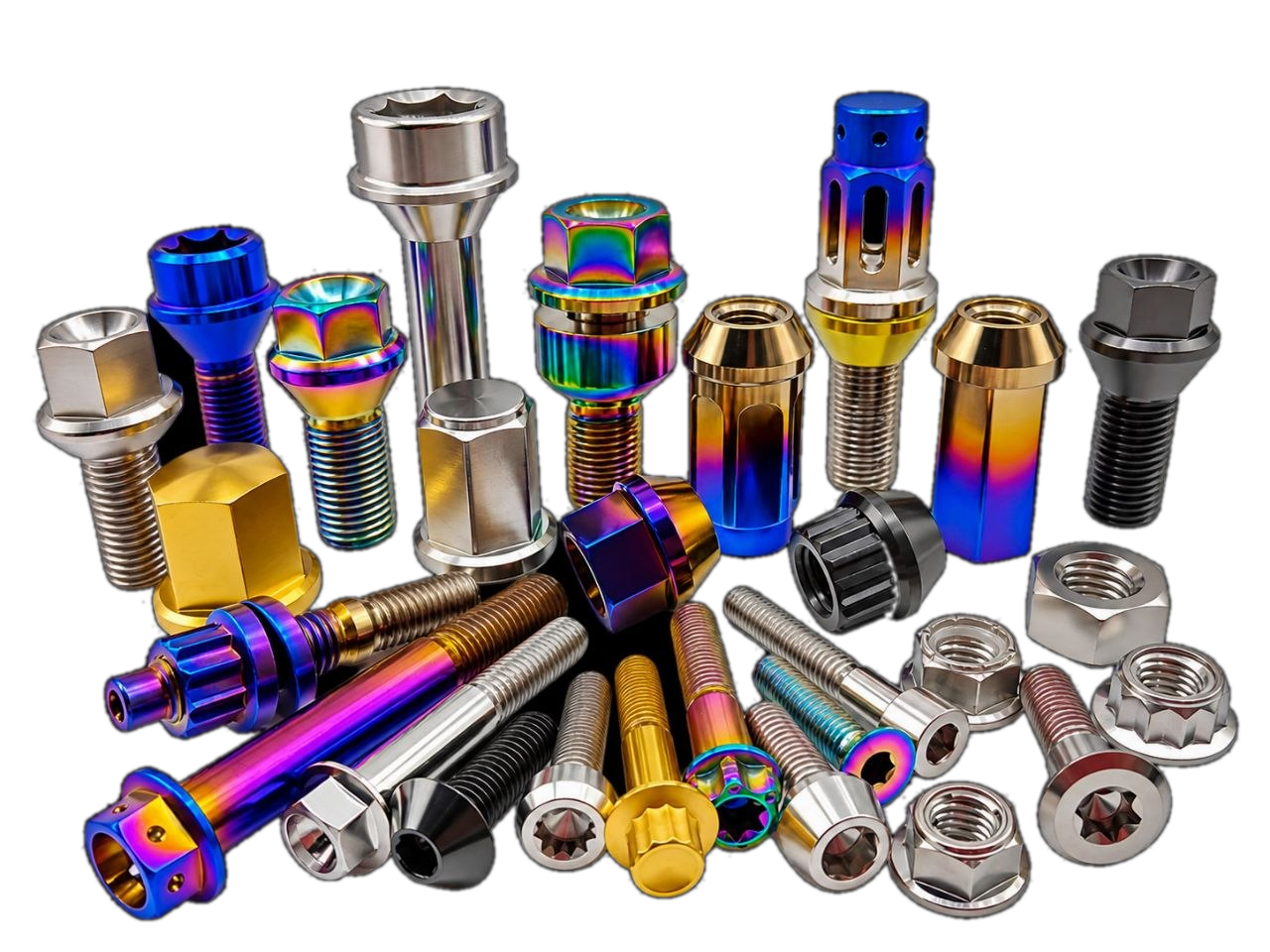 Titanium bolts and nuts in anodised finishes